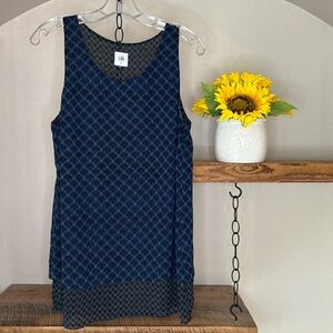 CAbi Scallop Top, tunic length, double-layered printed chiffon, navy & black. M